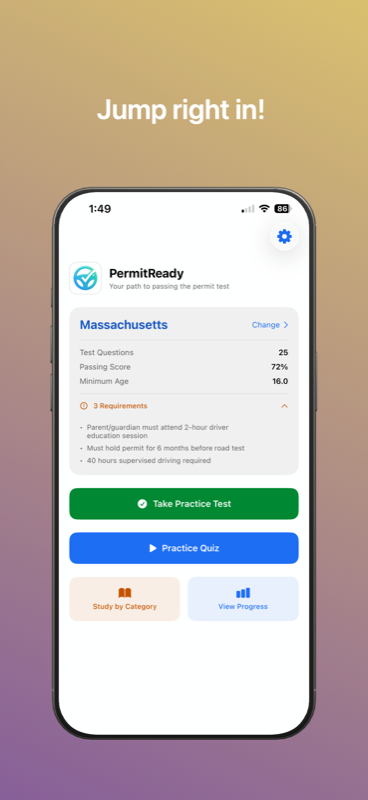 PermitReady home screen showing Massachusetts state info and study options